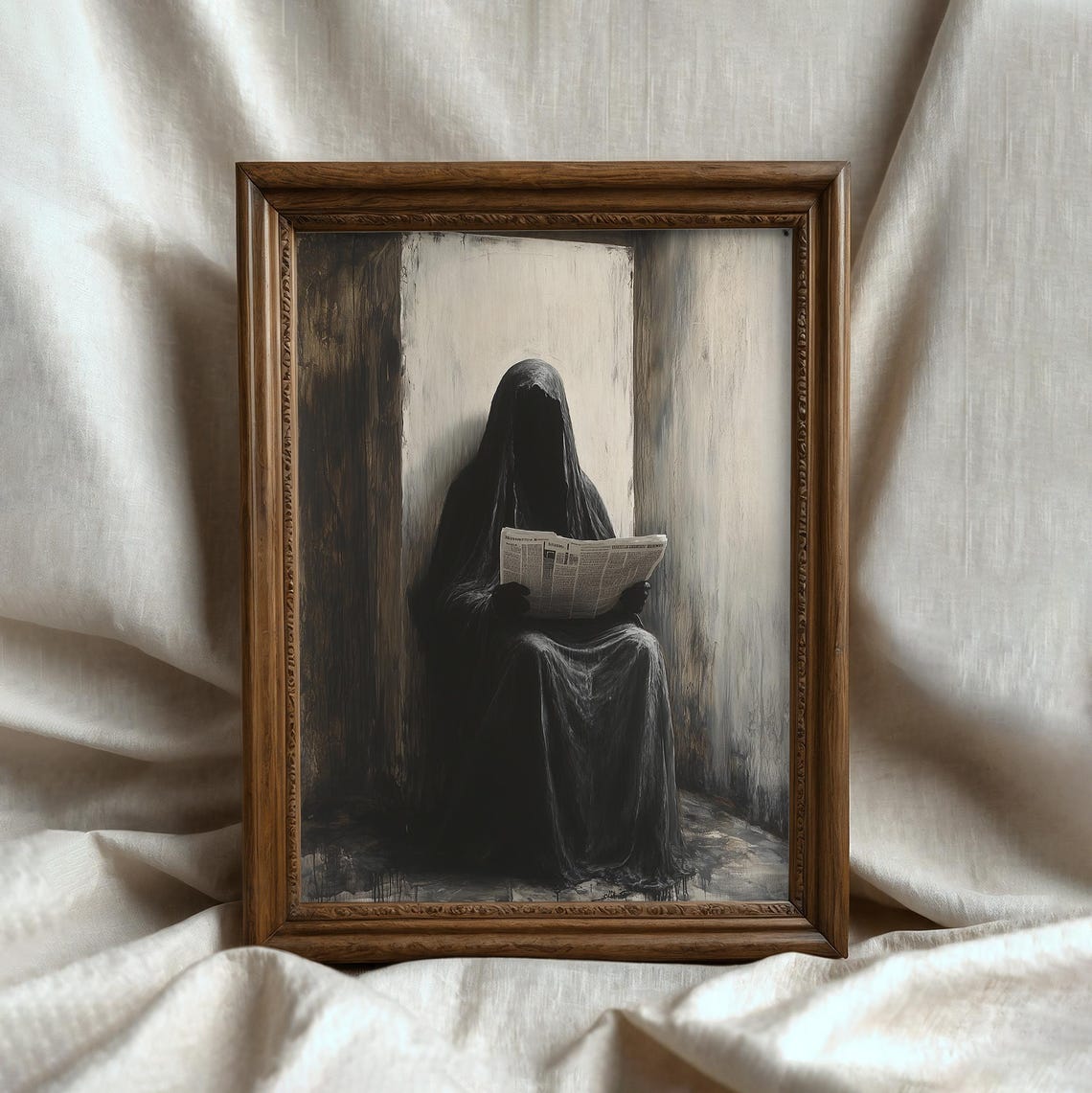 Dark Hooded Ghost Reading A Newspaper Gothic Mystery Art Poster - Image 2
