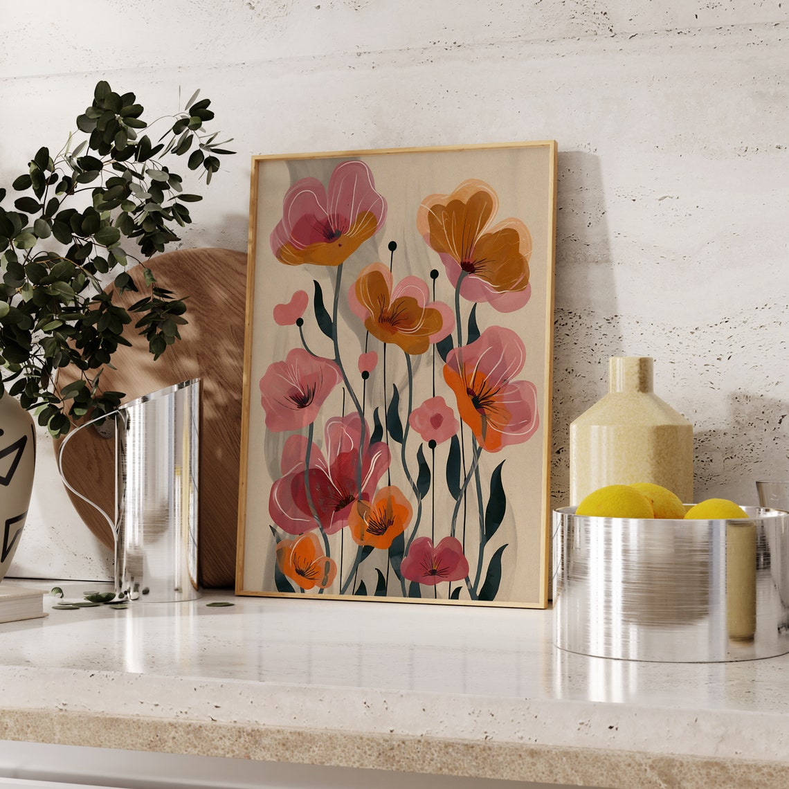 Pink Orange Abstract Floral Boho Midcentury Modern Style Poster