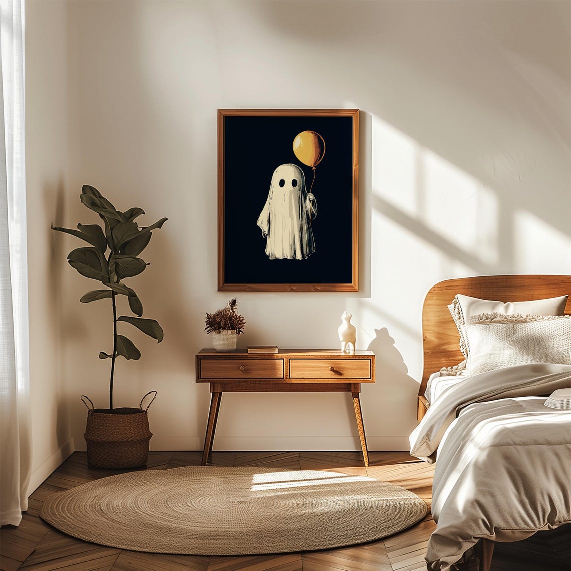 Cute Ghost Holding A Yellow Balloon On Black Background Poster - Image 2