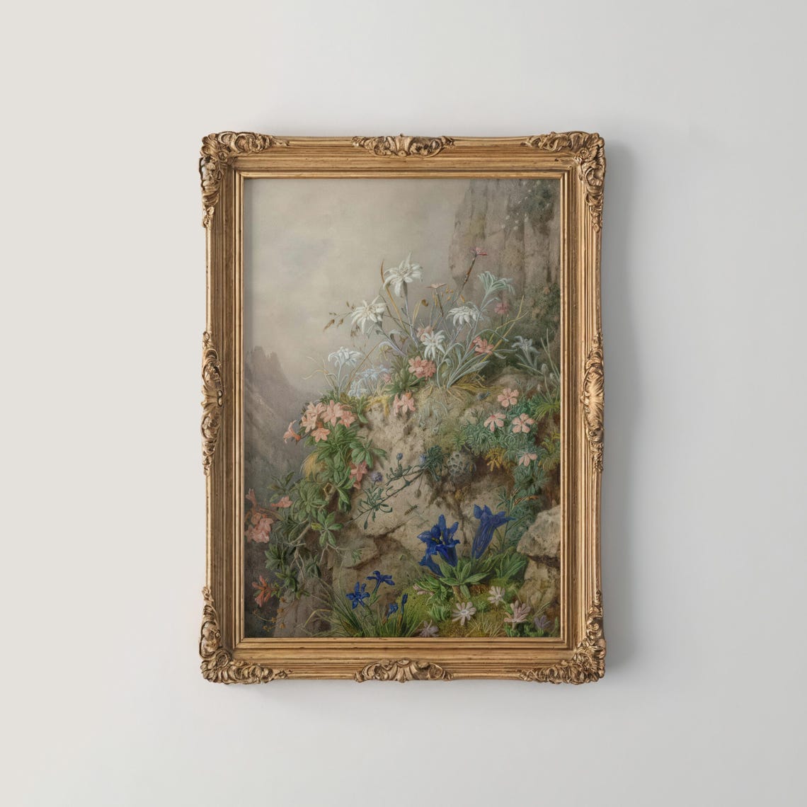 Blue Gentians Alpine Wildflowers Misty Mountain Meadow Poster