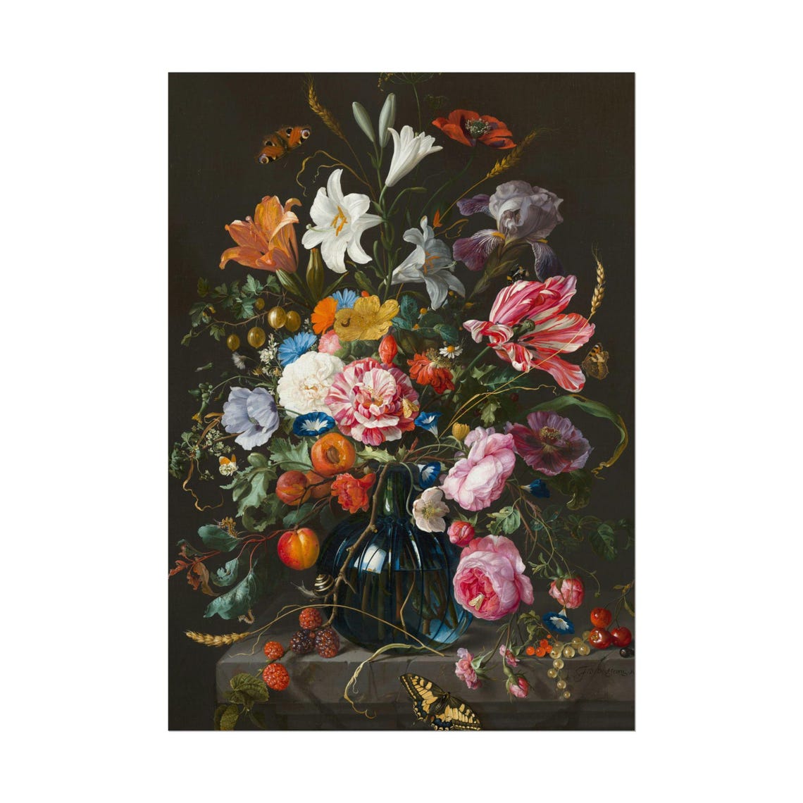 Jan van Huysum Style Bouquet in Blue Glass Vase Floral Art Poster - Image 3