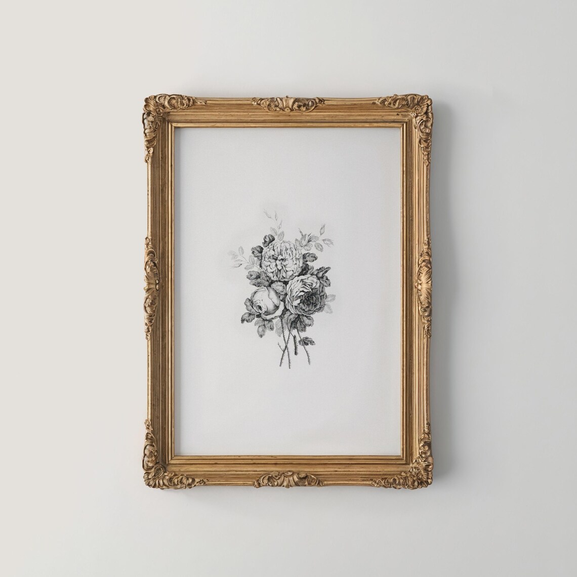 Monochrome Vintage Rose Bouquet Delicate Botanical Engraving Poster