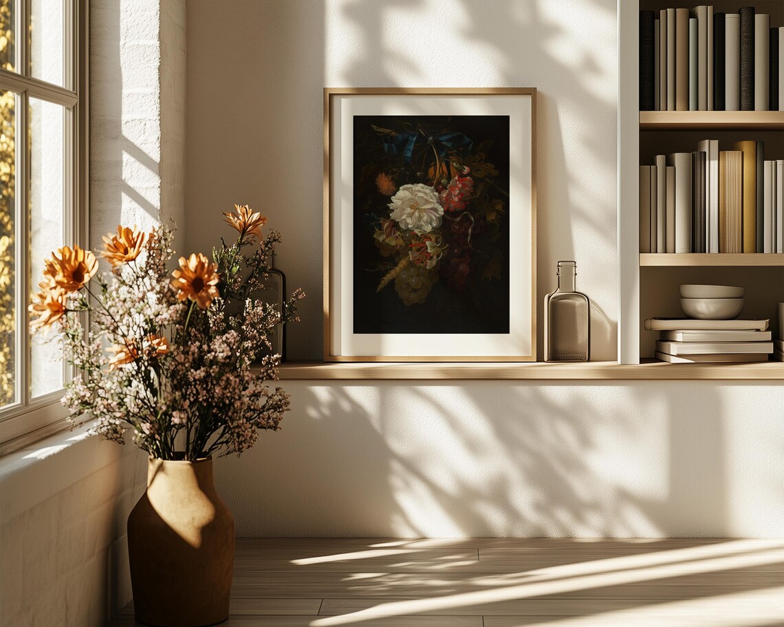 Dark Baroque Floral Festoon White Rose Blue Ribbon Vintage Poster - Image 6
