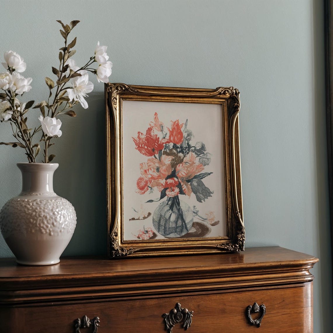 Red Tulips And Carnations In A Glass Vase Vintage Bouquet Print - Image 2