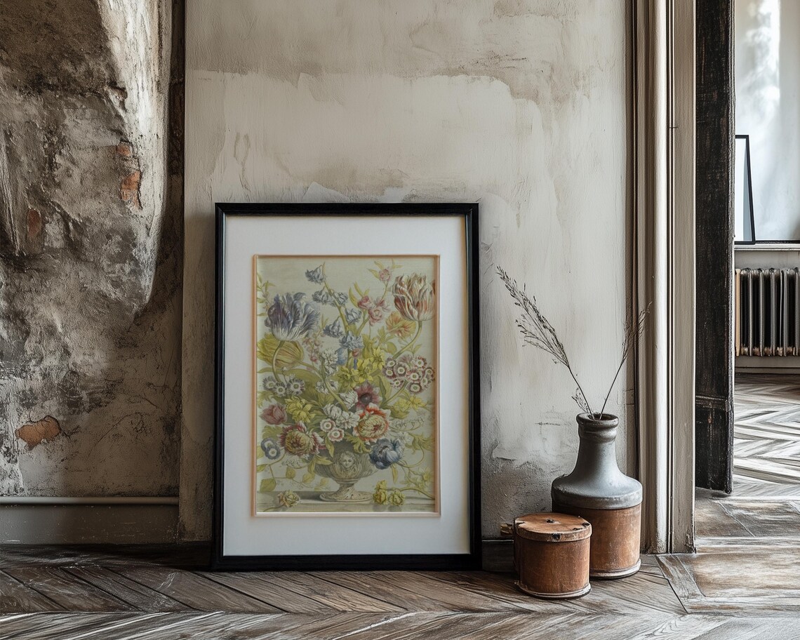 Antique Floral Bouquet Engraving Stone Urn Tulips Iris Poster - Image 3