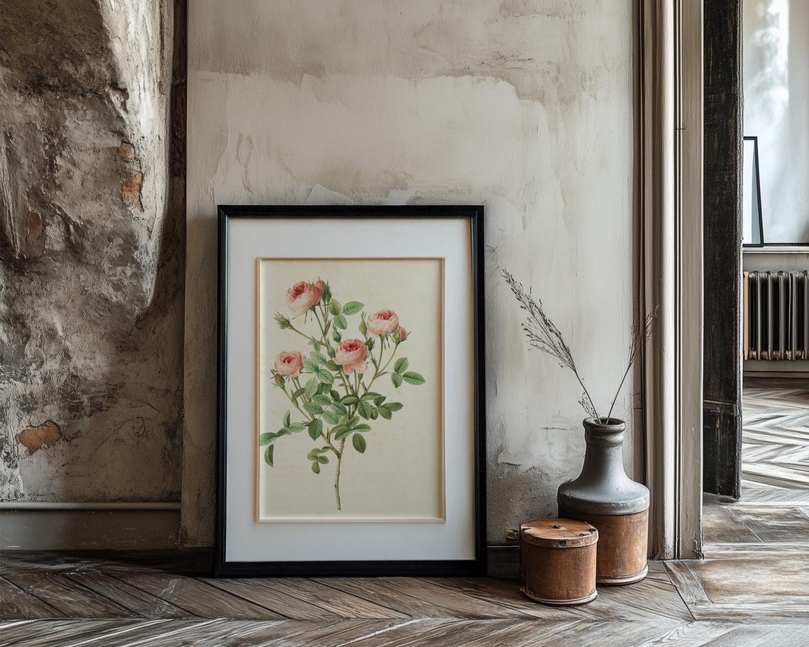 Blush Pink Garden Rose Stems Vintage Botanical Illustration Poster - Image 3