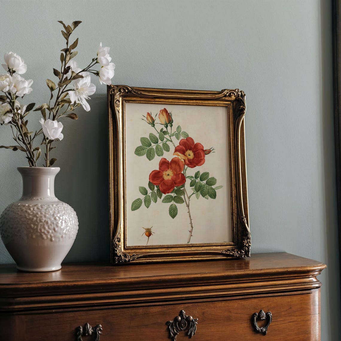 Red Wild Rose Botanical Study With Hips And Thorns Vintage Print - Image 2