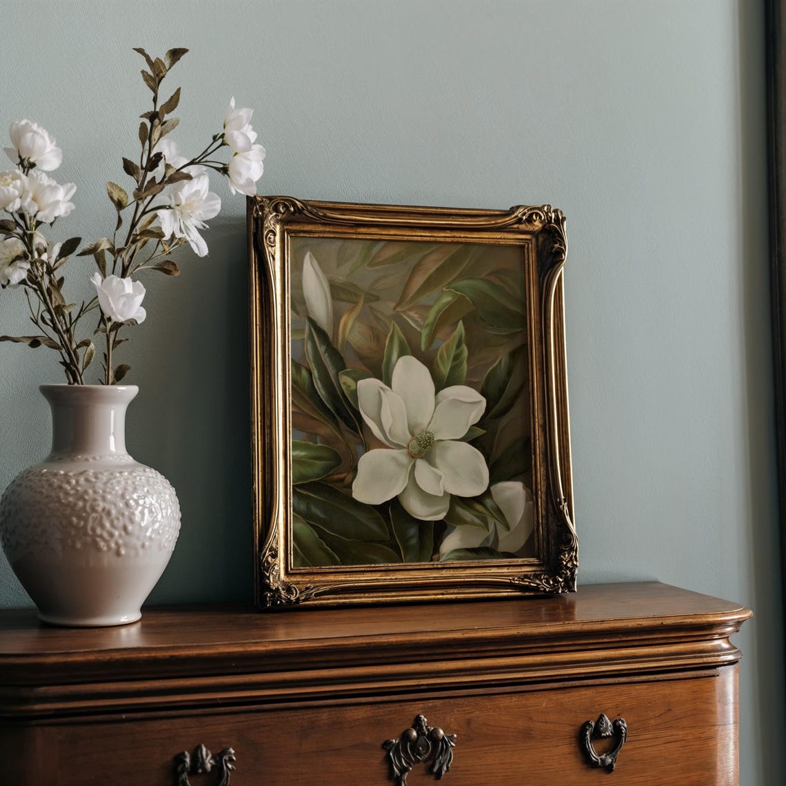 White Magnolia Bloom Glossy Green Leaves Painterly Vintage Poster - Image 2