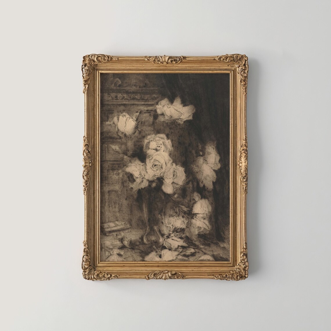 Sepia Rose Sketch Dark Moody Vintage Floral Still Life Poster