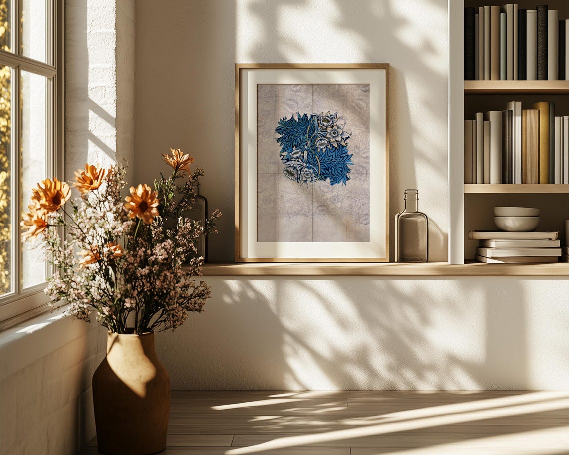 William Morris Style Blue Botanical Motif Sketch Paper Poster - Image 6