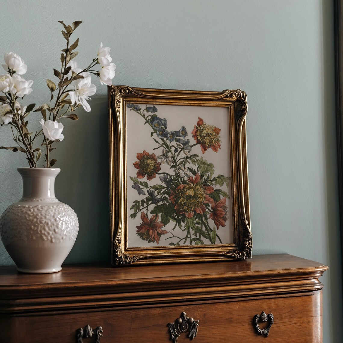 Red And Blue Vintage Bouquet Engraving Floral Wall Decor Print - Image 2