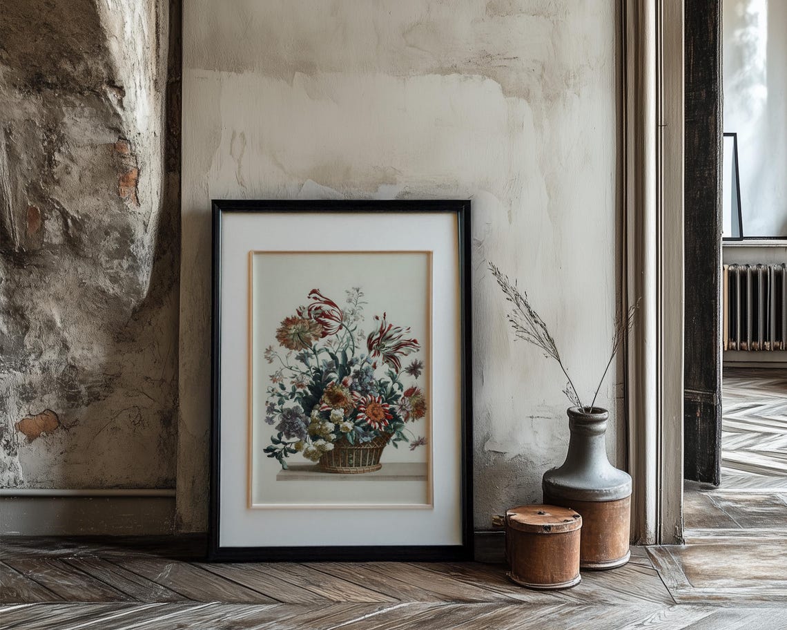 Hand Colored Art Flower Basket Broken Tulips Carnations Poster - Image 3