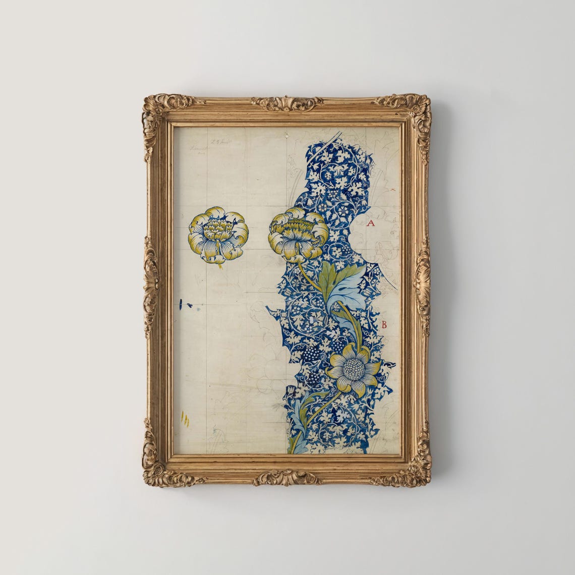 William Morris Style Blue Floral Column Design Study Art Poster