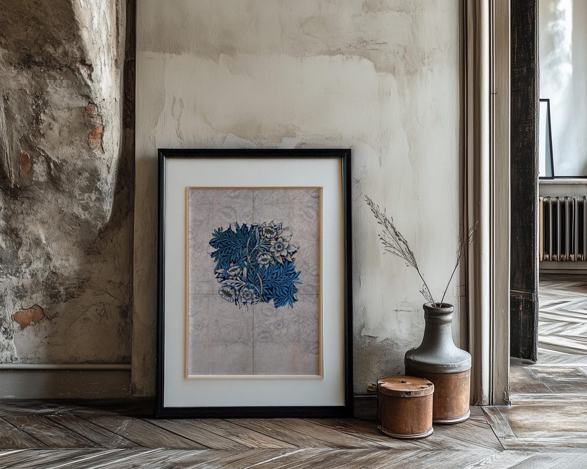 William Morris Style Blue Botanical Motif Sketch Paper Poster - Image 3