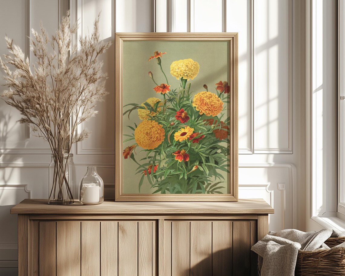 Golden Marigold Bouquet in Vintage Oil Painting Floral Art Poster - Image 4