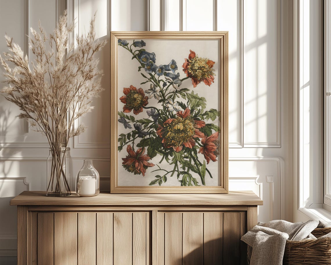 Red And Blue Vintage Bouquet Engraving Floral Wall Decor Print - Image 4