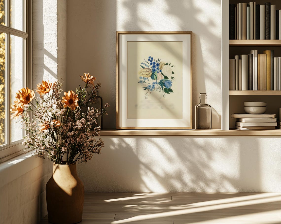 Soft Watercolor Bouquet Blue Forget Me Nots Yellow Tulip Poster - Image 6