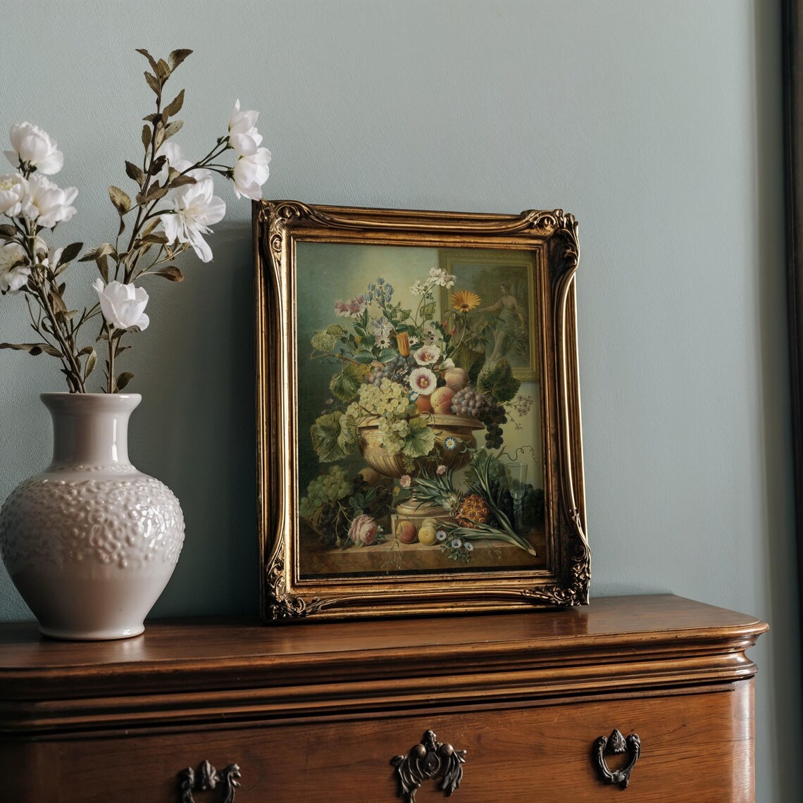 Fruit and Flower Still Life in Golden Urn with Grapes Vintage Poster - Image 2