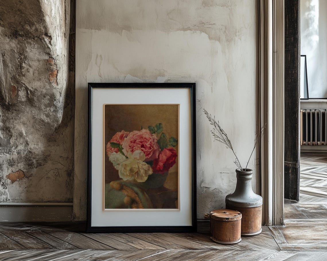 Vintage Rose Bouquet Painting Pink Red White Roses Vase Poster - Image 3
