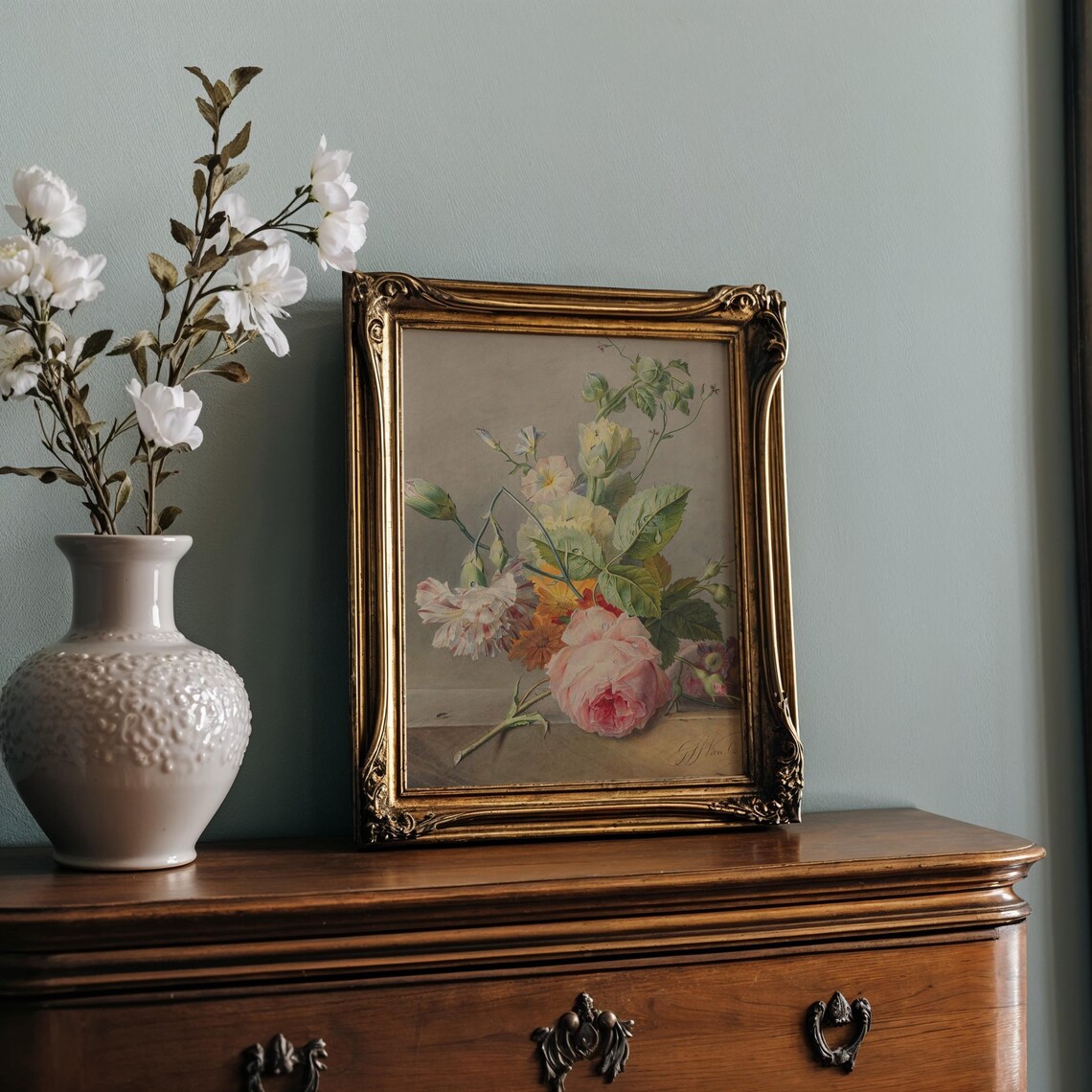 Delicate Pink Rose and Carnation Bouquet Vintage Botanical Poster - Image 2
