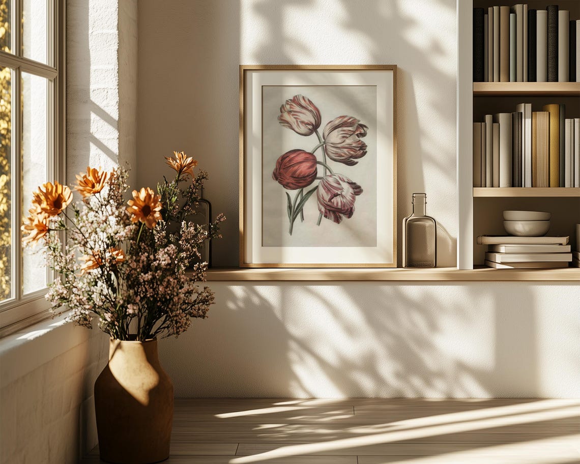 Four Red And Pink Flamed Striped Tulips Vintage Botanical Study Print - Image 6