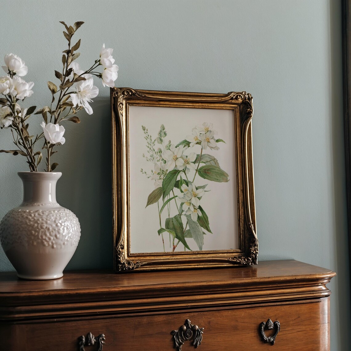 Soft White Jasmine Blossom Branch Vintage Botanical Wall Poster - Image 2