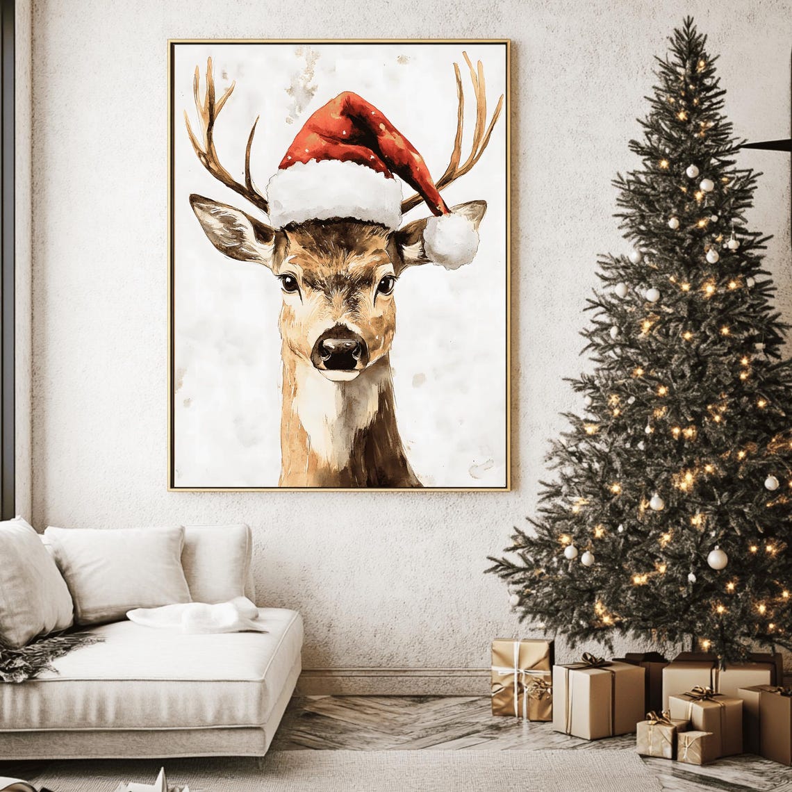 Watercolor Deer In Santa Hat Rustic Christmas Portrait Poster - Image 2