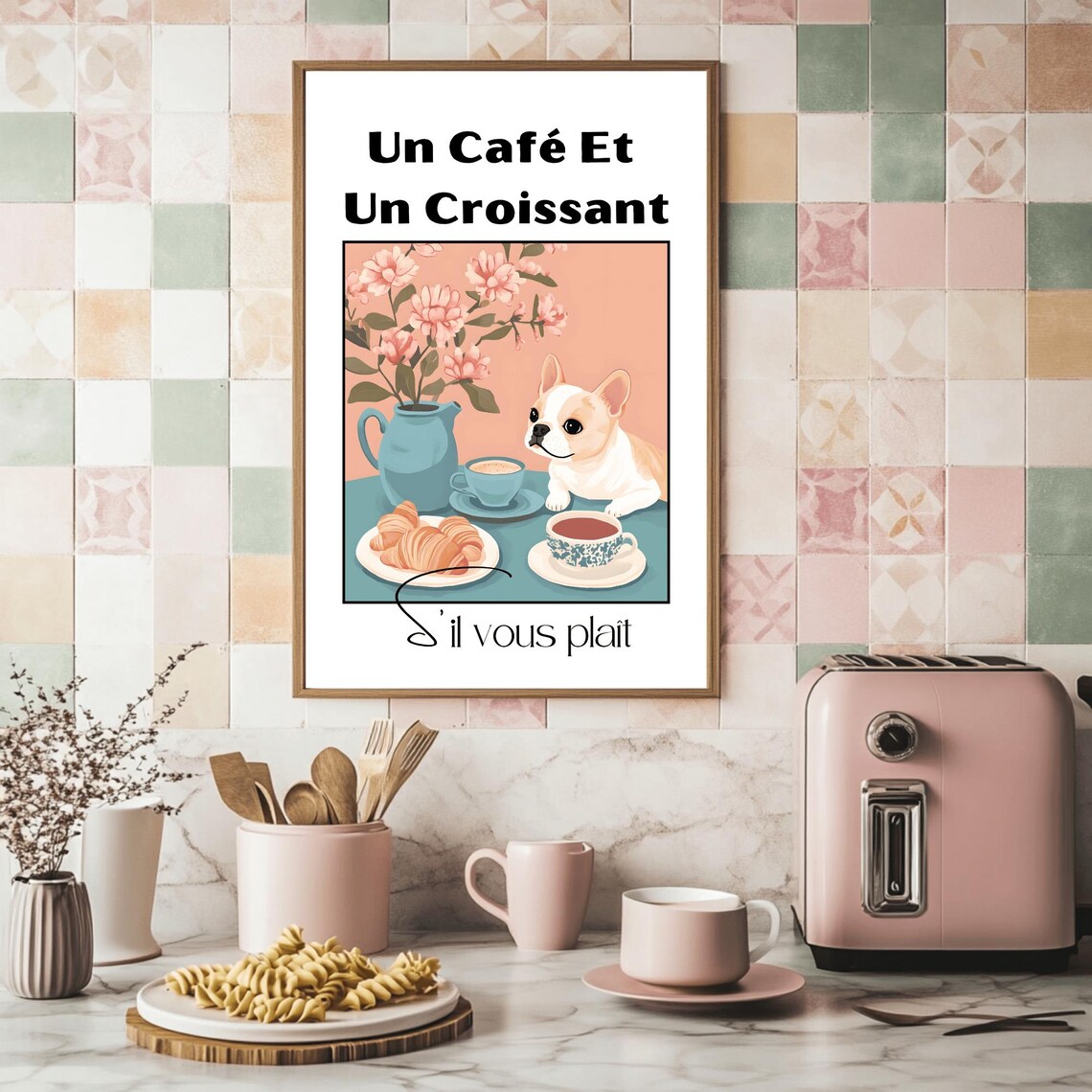 Un Cafe Et Un Croissant French Bulldog French Cafe Kitchen Art Poster - Image 2