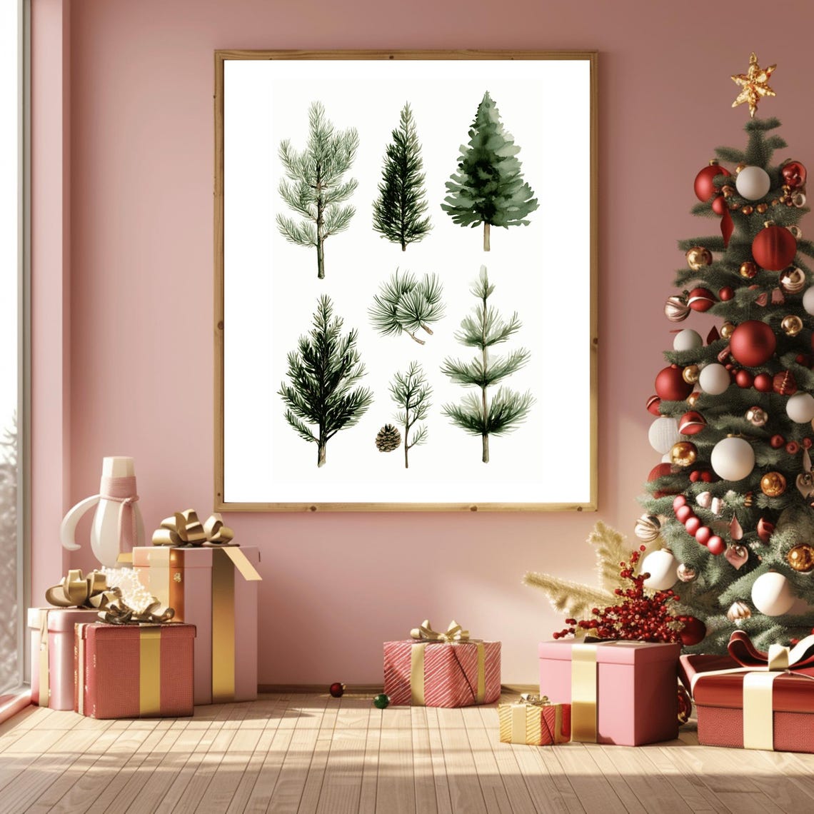 Watercolor Pine Branches Botanical Study with Pinecone Neutral Poster - Image 3