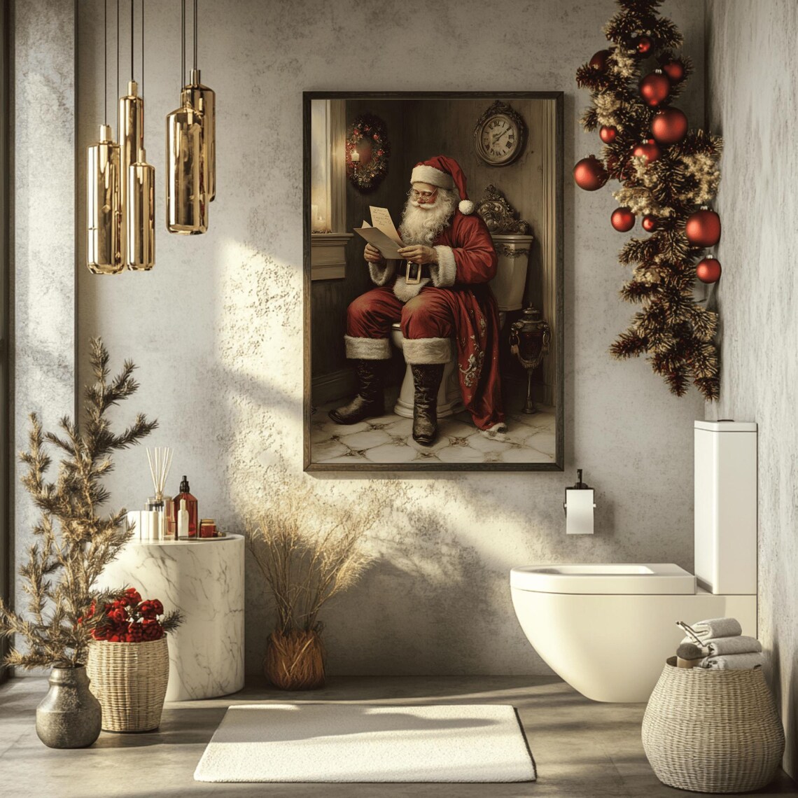Comical Santa Reading Letters on the Toilet Vintage Bathroom Poster - Image 2
