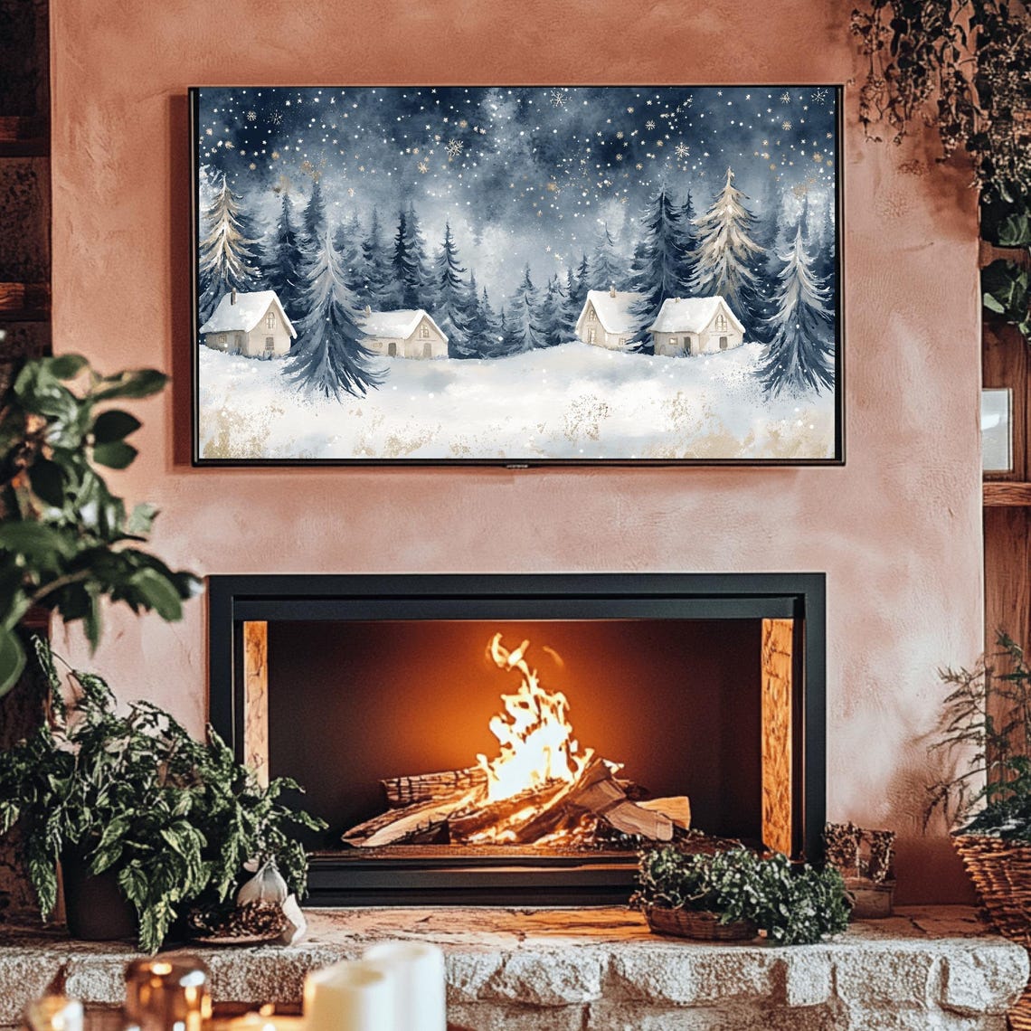 Cozy Snowy Forest Cabins Under Starry Winter Night Sky Poster - Image 3