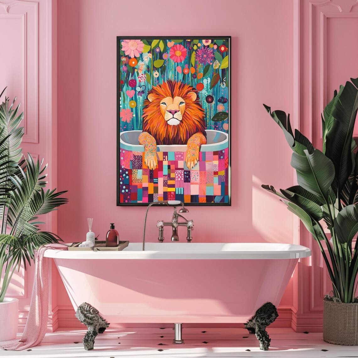 Colorful Lion Lounging in Bathtub Floral Jungle Bathroom Art Poster - Image 3