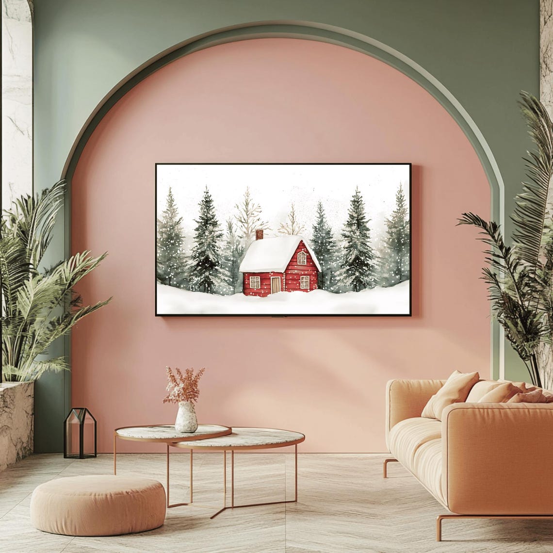 Red Cabin Surrounded By Tall Snowy Pines Christmas Eve Poster - Image 2