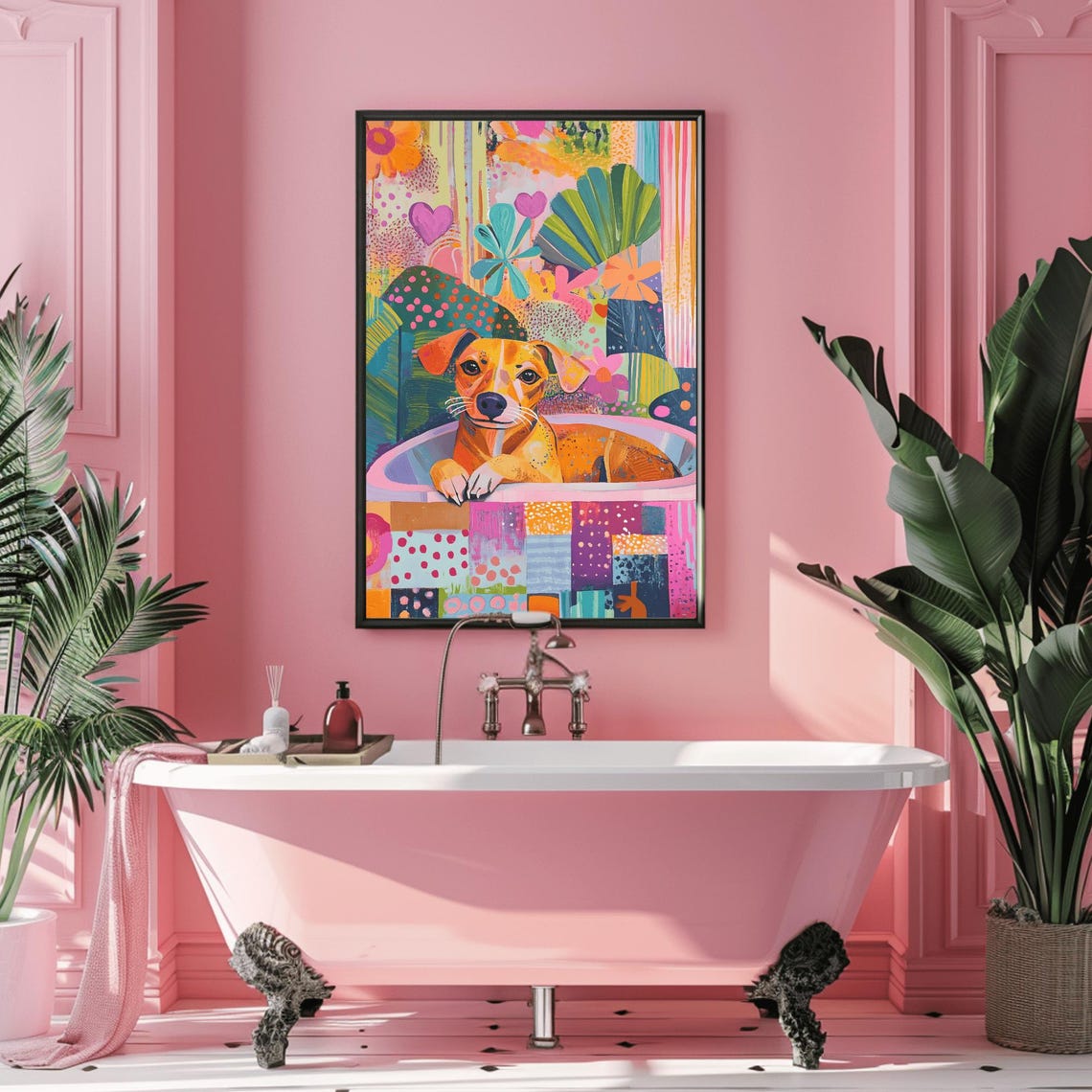 Small Tan Terrier in Pink Bathtub Colorful Pop Art Bathroom Poster - Image 3
