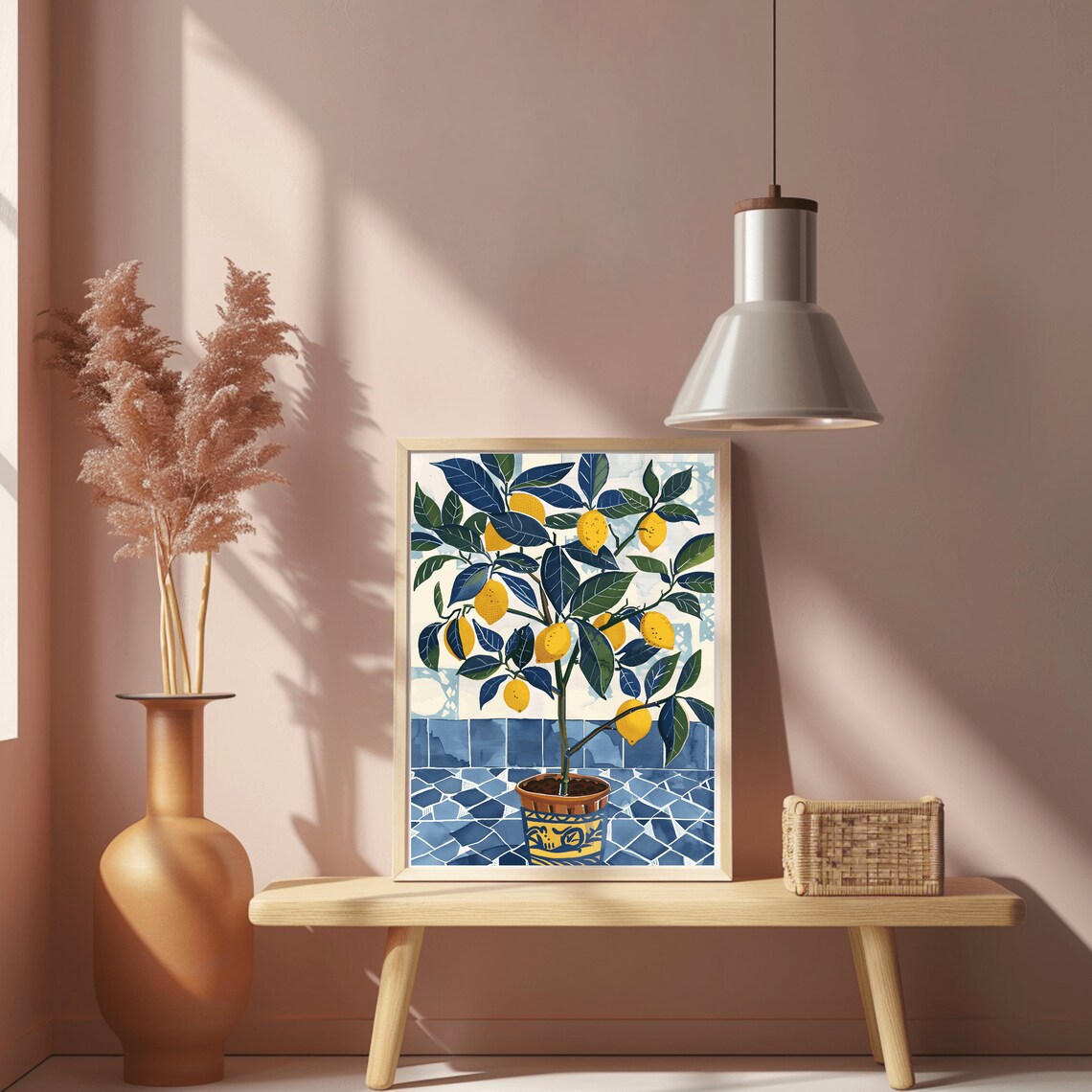 Potted Lemon Tree Moroccan Blue Tiles Watercolor Kitchen Art Poster - Image 2