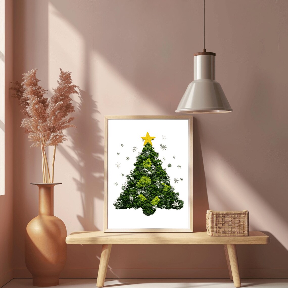 Moss Christmas Tree Gold Star Delicate Snowflakes Minimalist Poster - Image 2