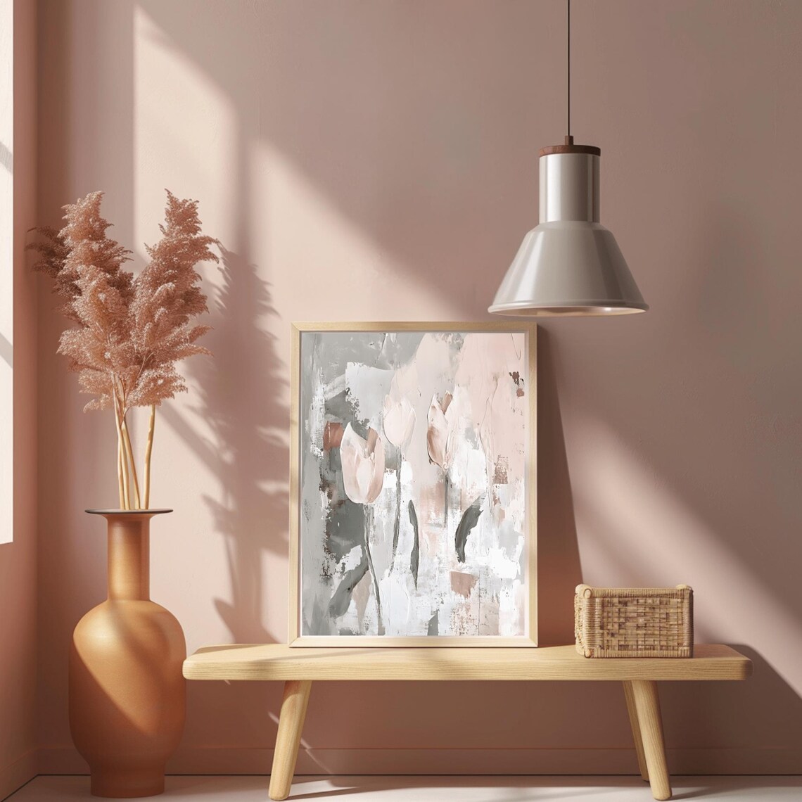 Abstract Blush Tulips Gray and Pink Modern Floral Art Poster - Image 2