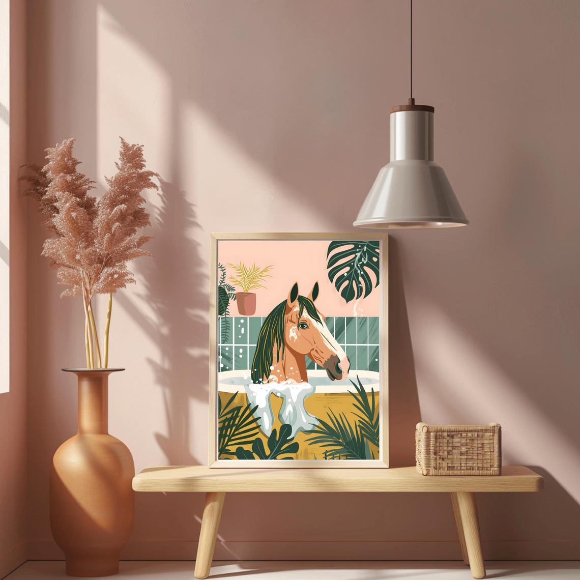 Horse Relaxing in Bubble Bath Funny Tropical Bathroom Wall Poster - Image 2