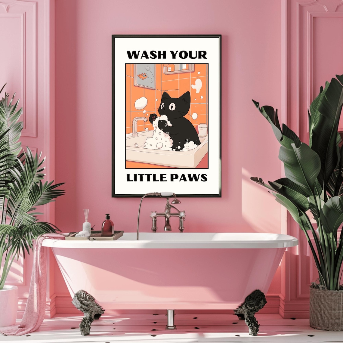 Wash Your Paws Cat Print, Kawaii Bathroom Poster - Image 3