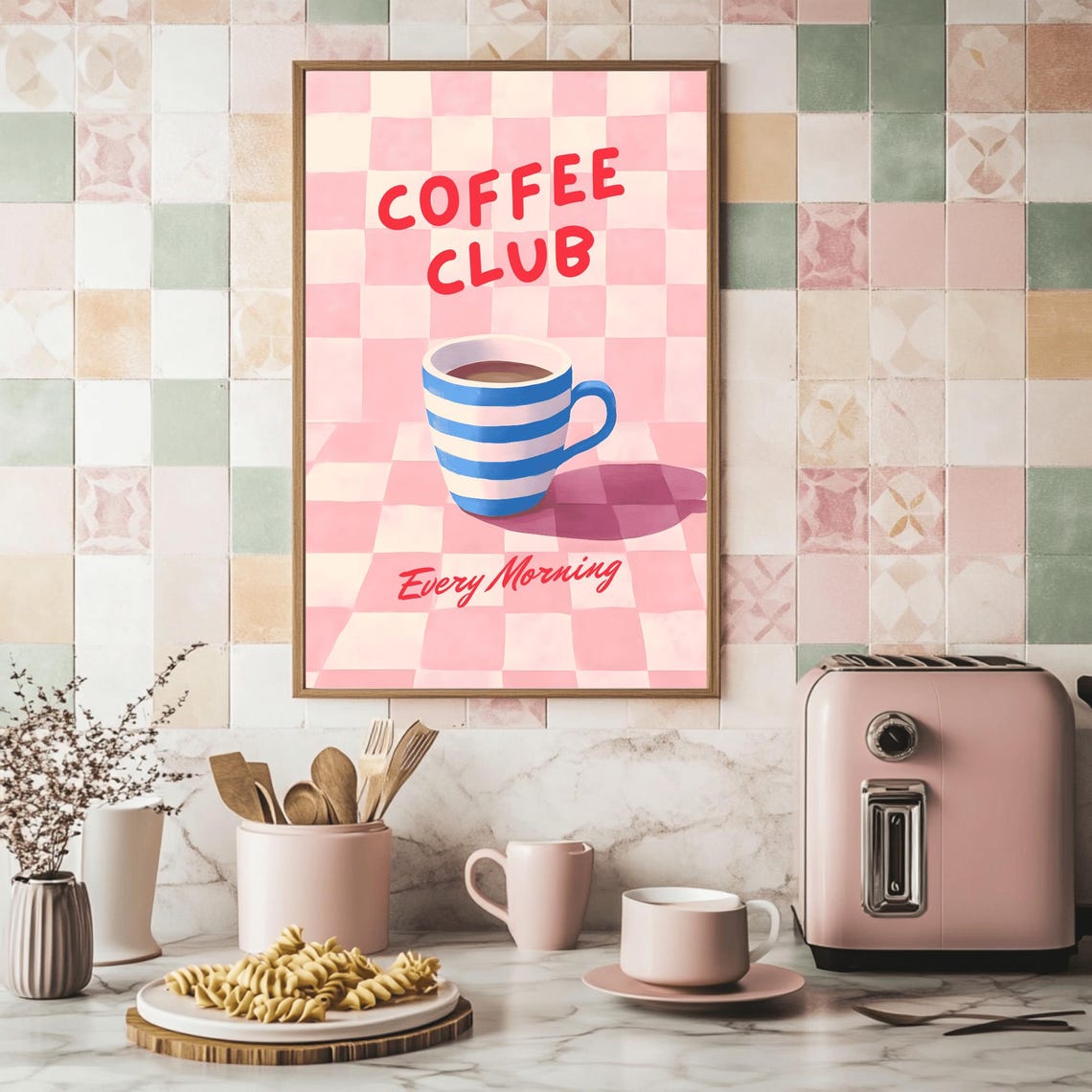 Coffee Club Every Morning Pink Gingham Kitchen Wall Decor Poster - Image 2