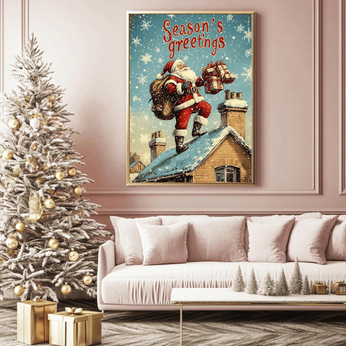 Vintage Santa Scaling a Snowy Brick Rooftop with Gifts Season's Poster - Image 2