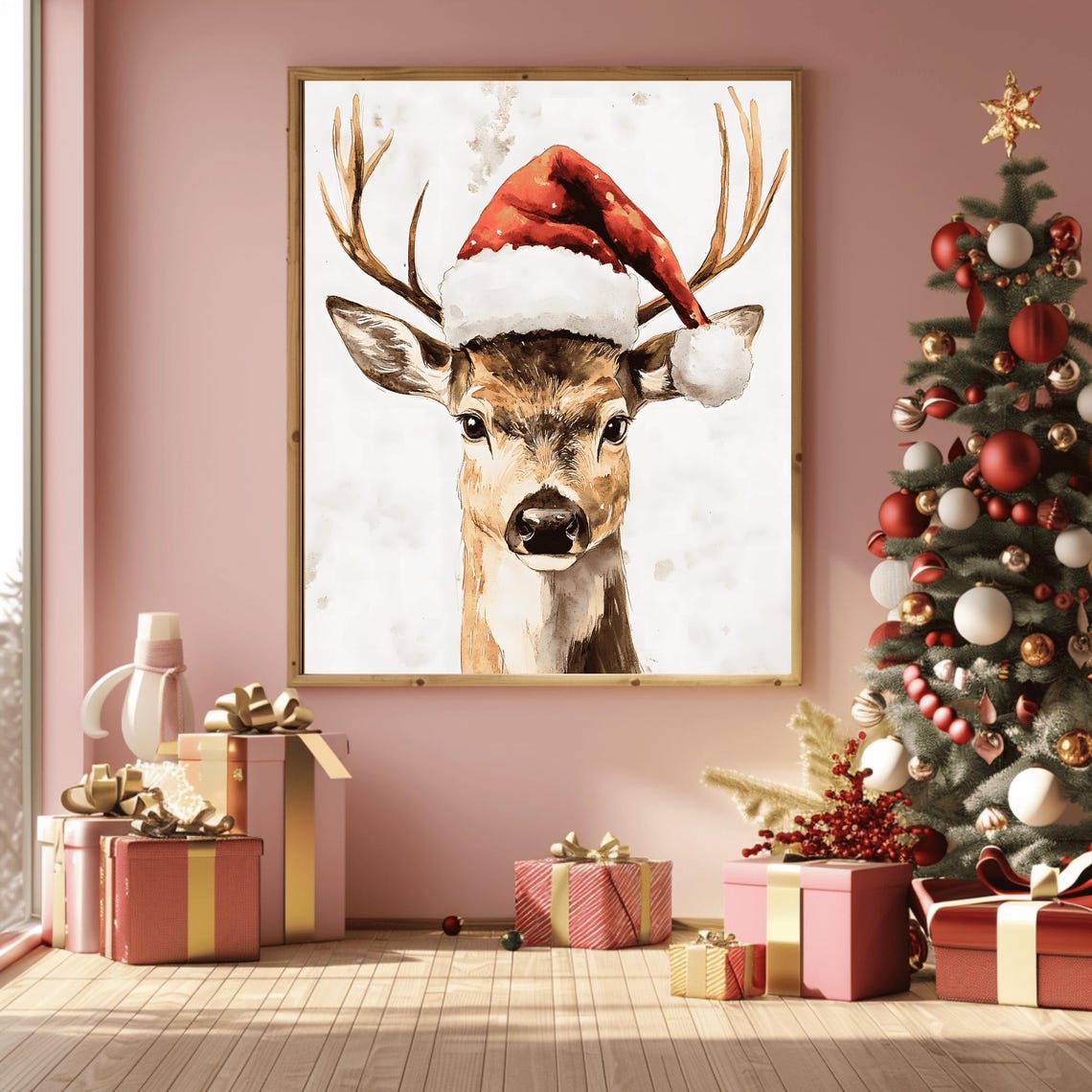 Watercolor Deer In Santa Hat Rustic Christmas Portrait Poster - Image 3