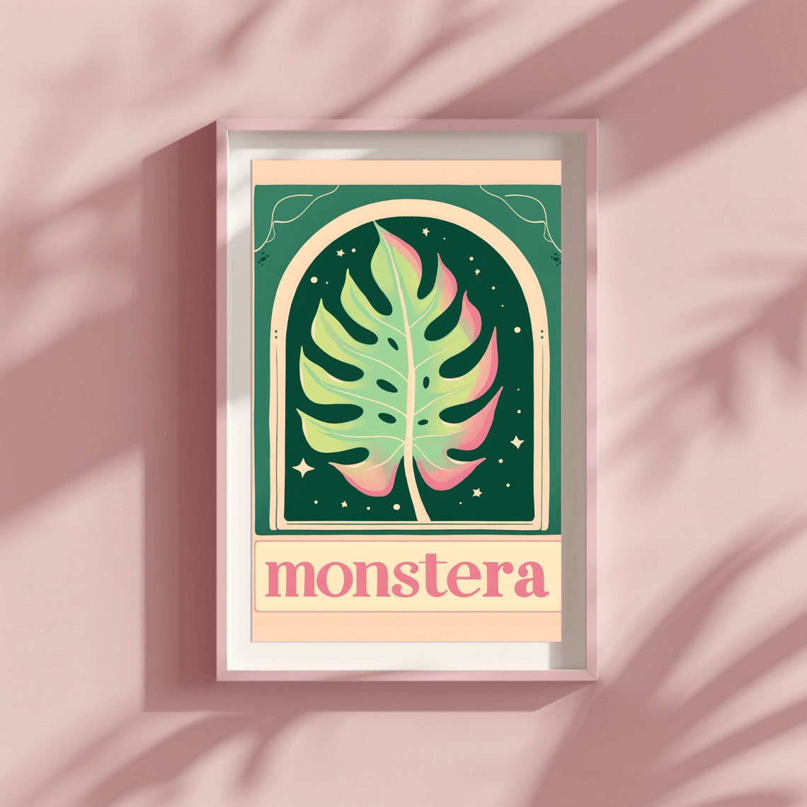 Vintage Retro Monstera Leaf Botanical Arch Pink Green Poster - Image 2
