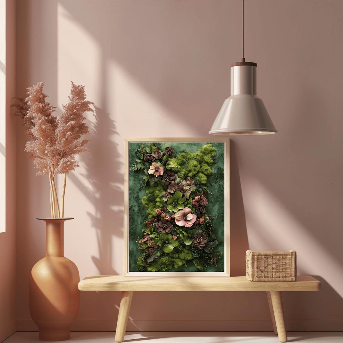 Pink and Plum Blossoms on Green Moss Moody Floral Wall Poster - Image 2