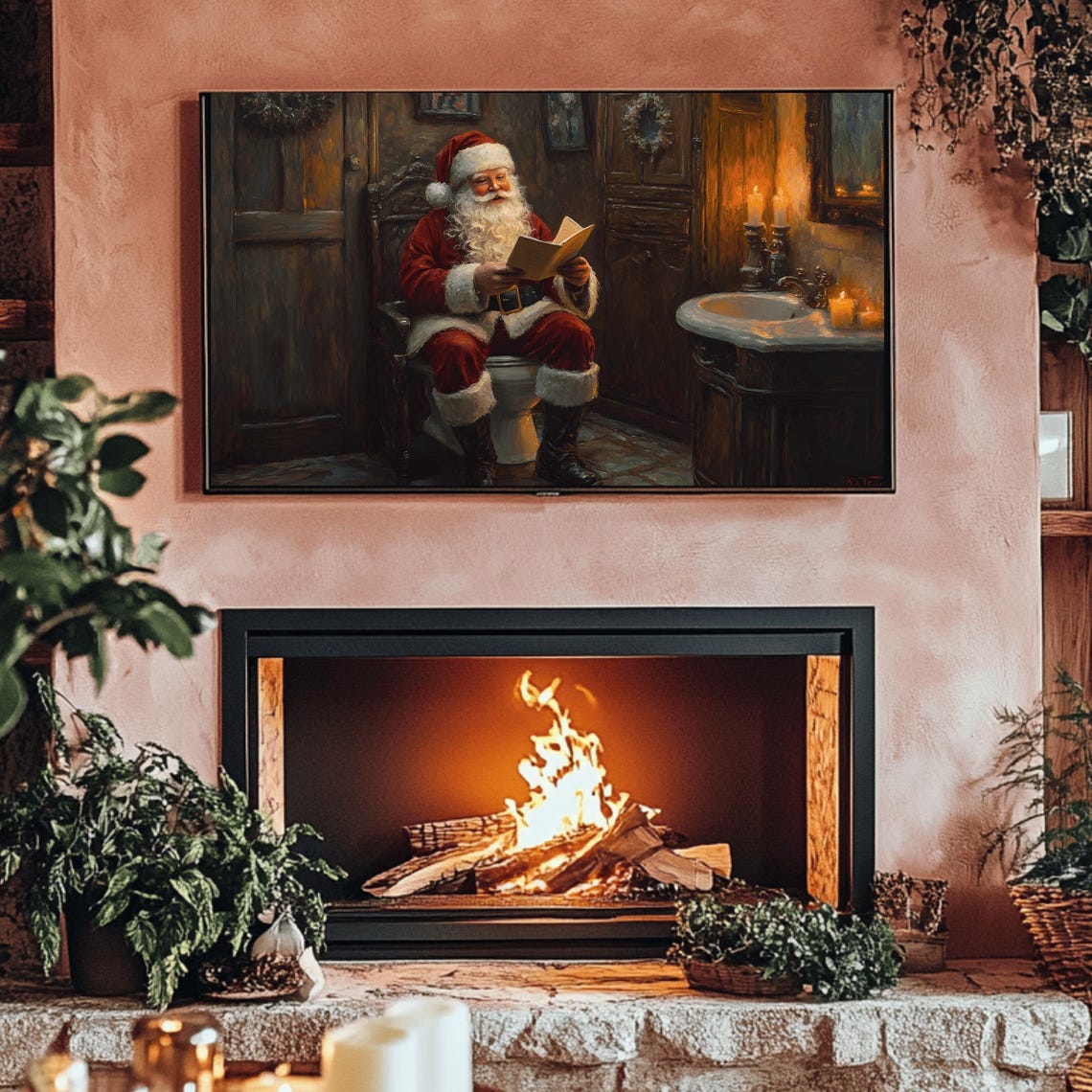 Santa Reading In Candlelit Bathroom Funny Christmas Scene Poster - Image 3