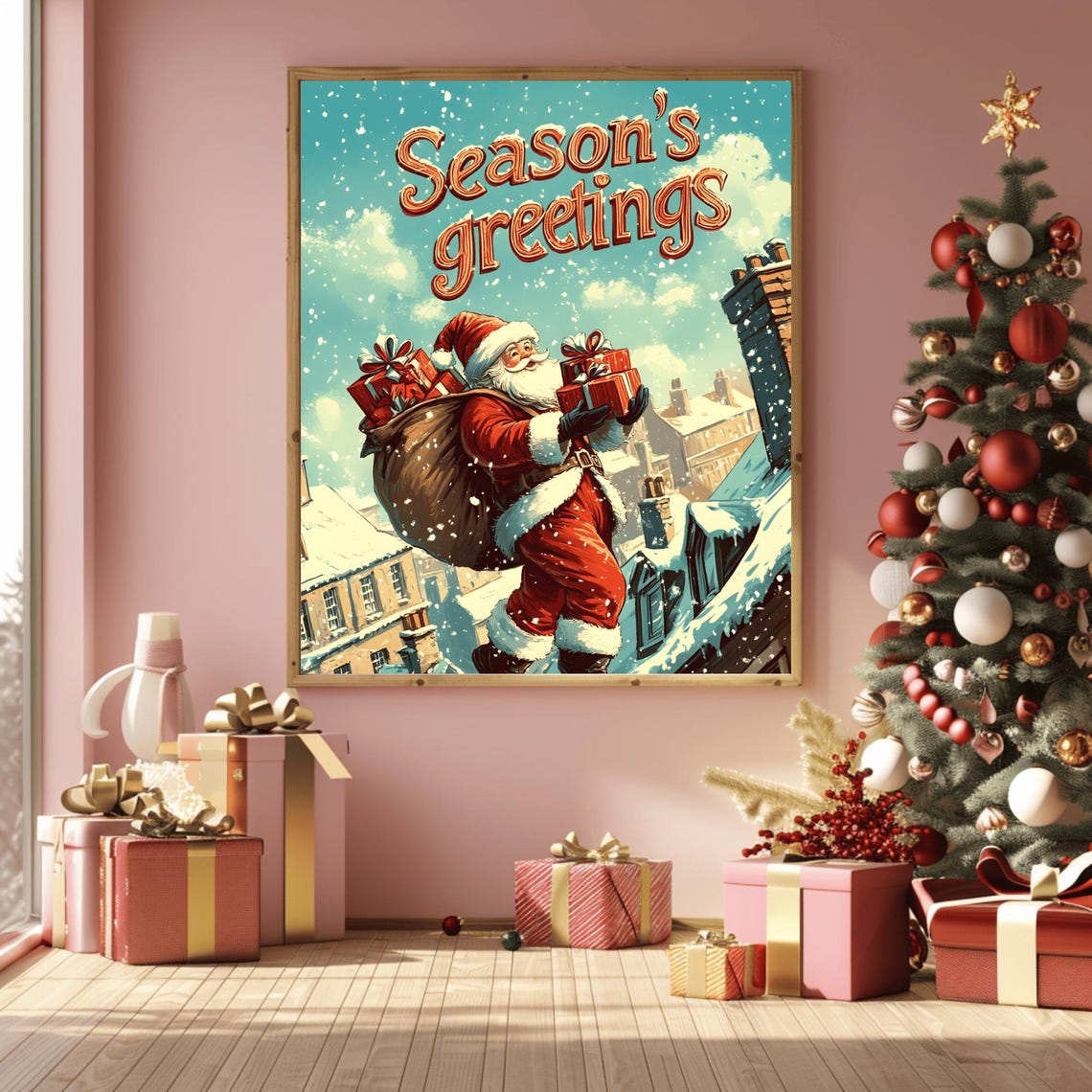 Vintage Santa Rooftop Retro Typography Season's Gretings Poster - Image 3