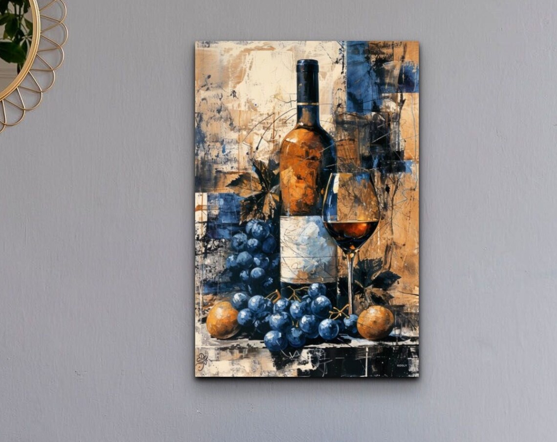 Amber Wine Bottle Grapes Glass Abstract Oil Still Life Poster