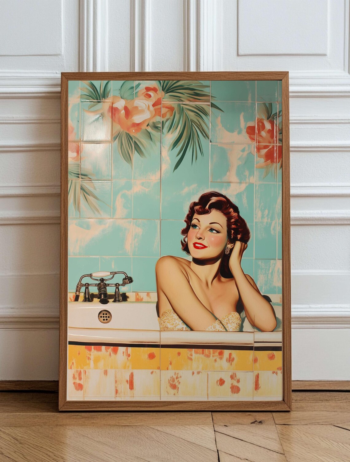 Vintage Pin-Up Woman in Bathtub Floral Tile Bathroom Wall Art