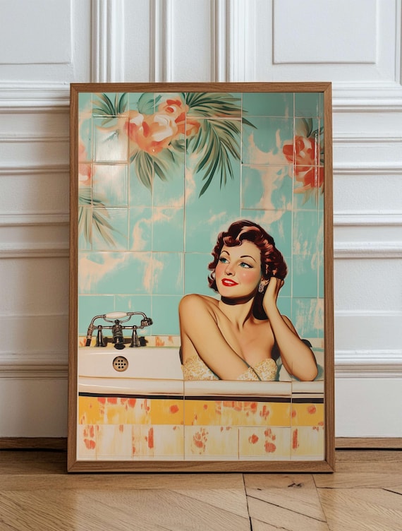 Retro Glam Bathroom Wall Art Vintage Woman In Bathtub Pinup Style Midcentury Green Tiles Emerald Artwork