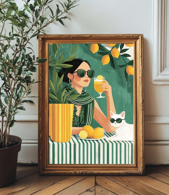 Italian Summer Woman with Aperol and Cat Print Among Lemon Grove Trees